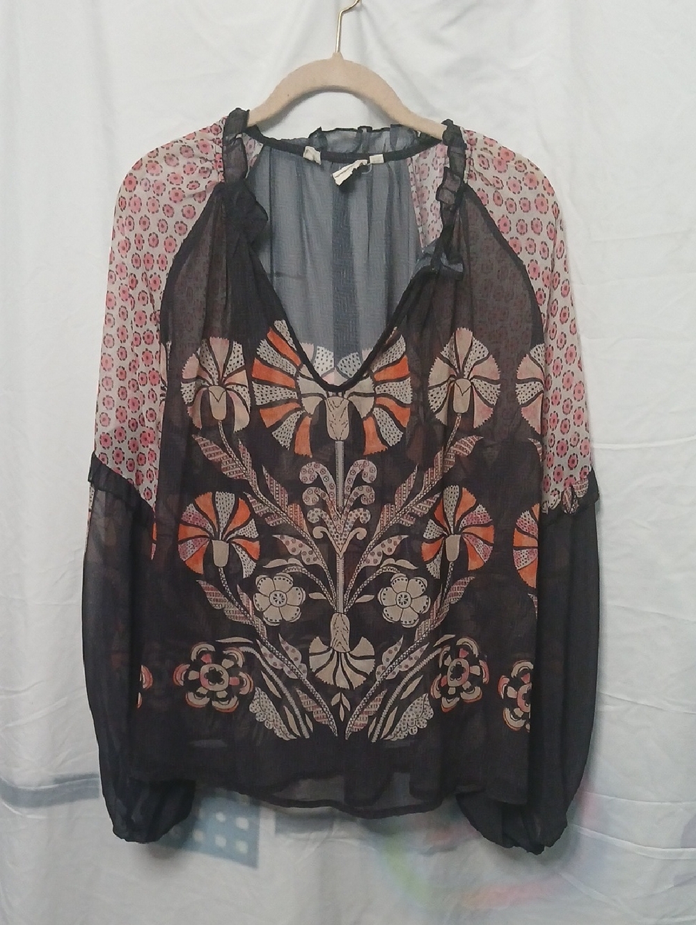 Bohemian Sheer Black Floral Blouse with Pink Sleeve Accents
